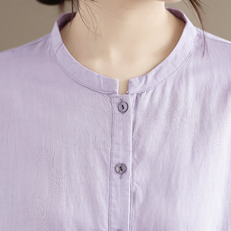 Buddha Stones Chemises d'été minimalistes à manches courtes pour femmes, col mandarin boutonné et fente latérale unie - image 13