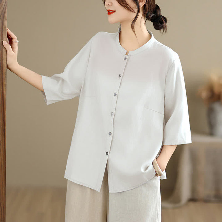 Buddha Stones Chemises d'été minimalistes à manches courtes pour femmes, col mandarin boutonné et fente latérale unie - image 19