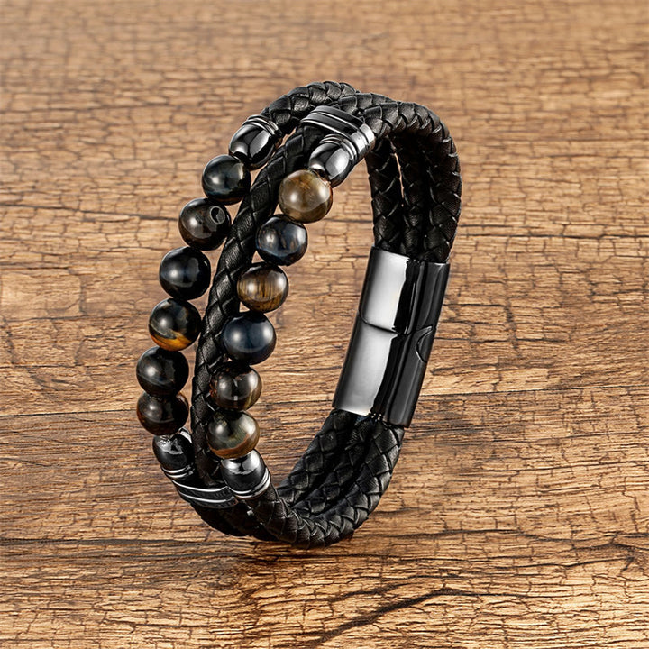 Bracelet en cuir avec Buddha Stones , œil de tigre, hématite, roche de lave, onyx noir, lazurite et perles de lapis-lazuli, pour une protection et une force renforcées - Œil de tigre noir - 18-22 cm - image 9