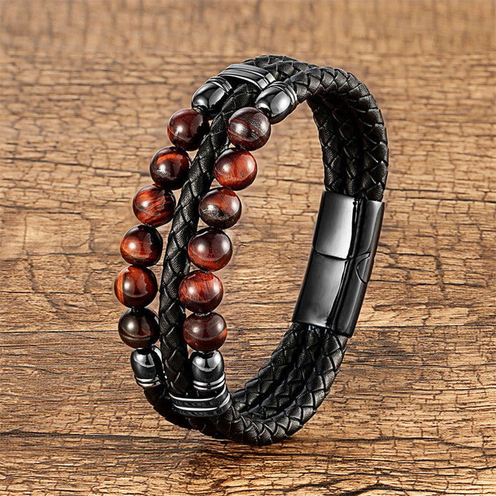 Bracelet en cuir avec Buddha Stones , œil de tigre, hématite, roche de lave, onyx noir, lazurite et perles de lapis-lazuli, pour une protection et une force renforcées - Œil de tigre brun-rouge - 18-22 cm - image 10