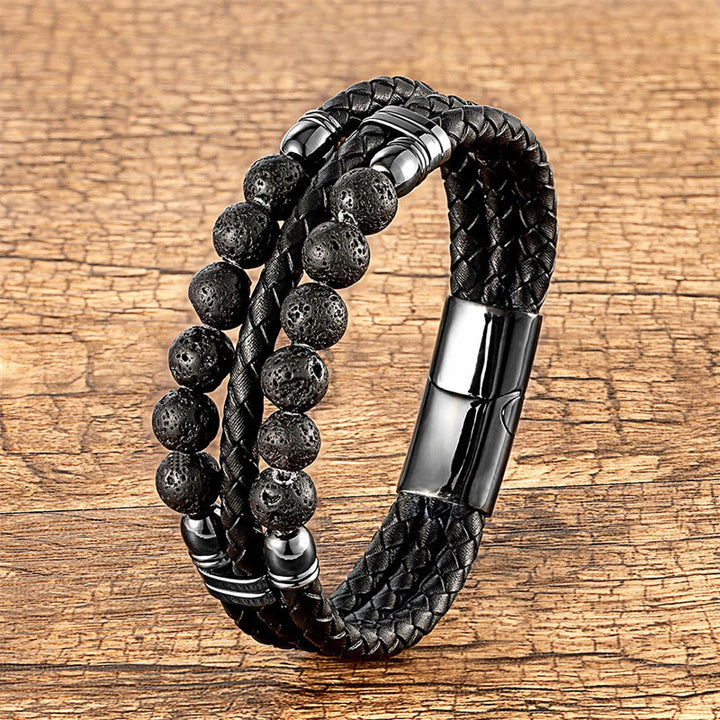 Bracelet en cuir avec Buddha Stones , œil de tigre, hématite, roche de lave, onyx noir, lazurite et perles de lapis-lazuli, pour une protection et une force renforcées - Roche de lave - 18-22 cm - image 11