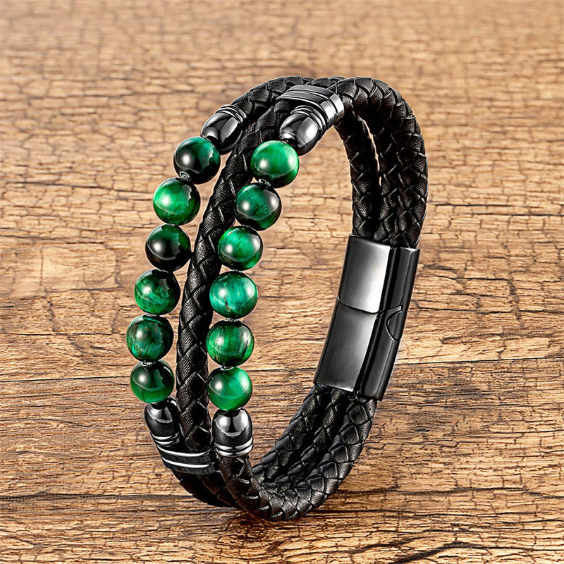 Bracelet en cuir avec Buddha Stones , œil de tigre, hématite, roche de lave, onyx noir, lazurite et perles de lapis-lazuli, pour une protection et une force renforcées - Œil de tigre vert - 18-22 cm - image 15