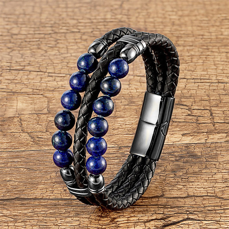 Bracelet en cuir avec Buddha Stones , œil de tigre, hématite, roche de lave, onyx noir, lazurite et perles de lapis-lazuli, pour une protection et une force renforcées - Lazurite - 18-22 cm - image 17
