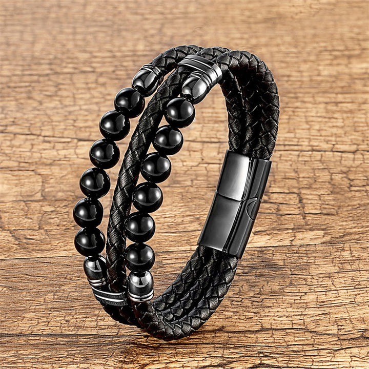 Bracelet en cuir avec Buddha Stones , œil de tigre, hématite, roche de lave, onyx noir, lazurite et perles de lapis-lazuli, pour une protection et une force renforcées - Onyx noir - 18-22 cm - image 13