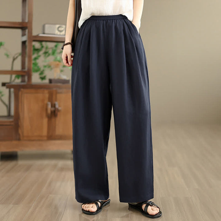 Buddha Stones Pantalon harem minimaliste plissé uni d'été pour femme avec poches - Marine - US8-10，UK/AU12-14，EU40-42 (2XL) - image 0