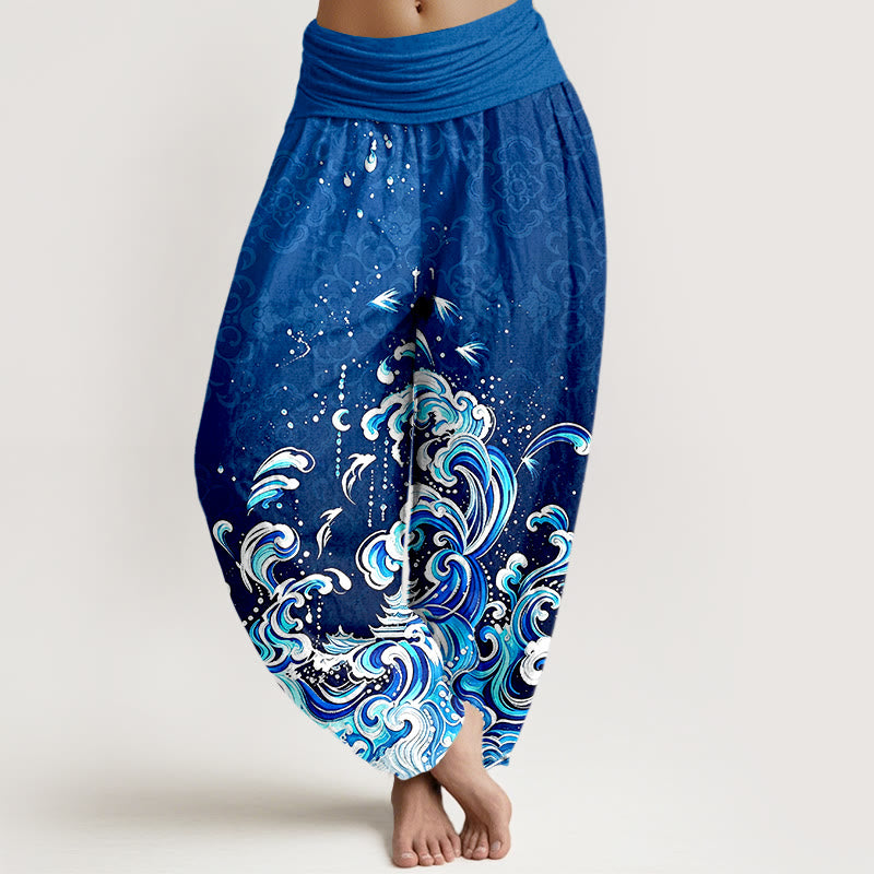 Buddha Stones Pantalon harem femme en pur coton à motif vagues dégradées et taille élastique - Bleu royal - US16，UK/AU20，EU48 (3XL) - image 0