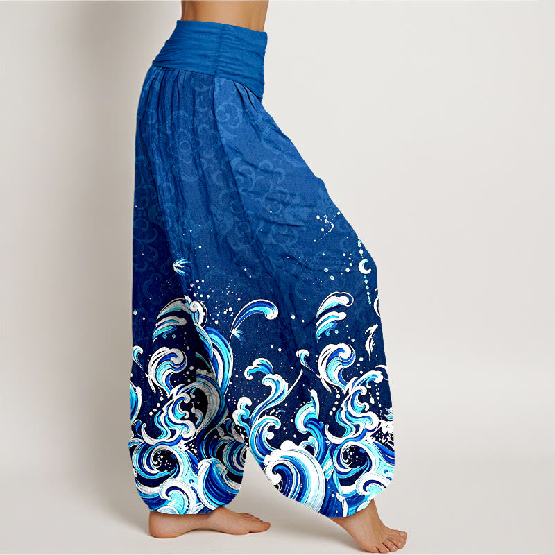 Buddha Stones Pantalon harem femme en pur coton à motif vagues dégradées et taille élastique - image 1
