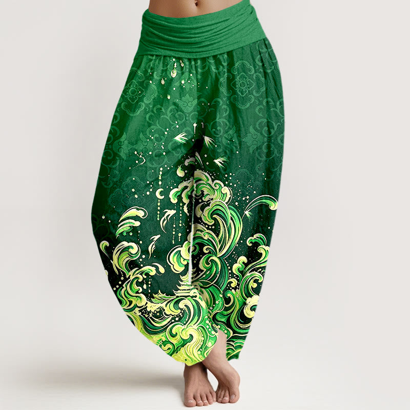 Buddha Stones Pantalon harem femme en pur coton à motif vagues dégradées et taille élastique - Vert forêt - US16，UK/AU20，EU48 (3XL) - image 5