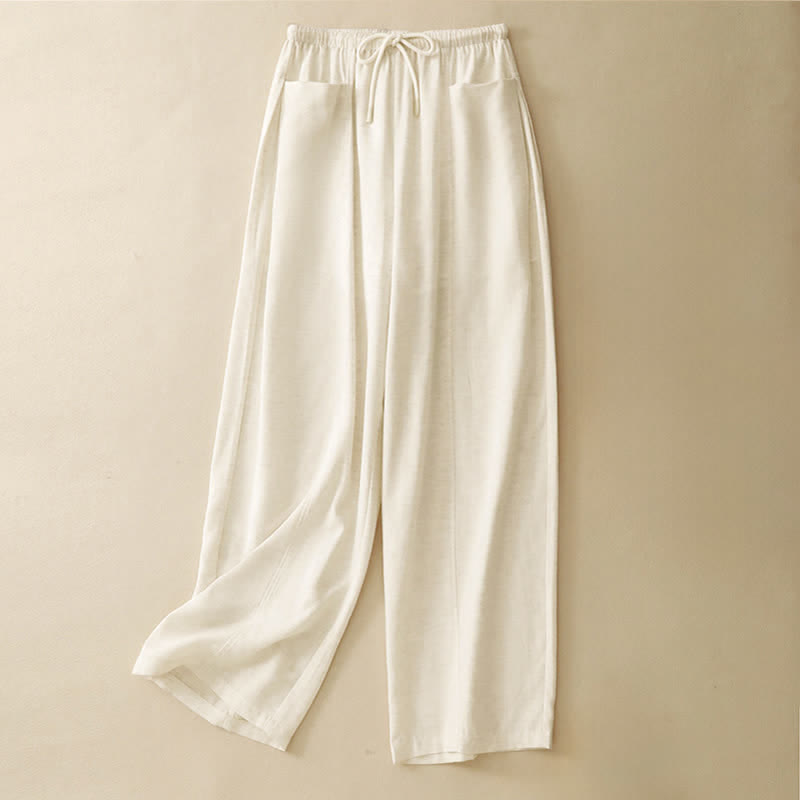 Buddha Stones Pantalon droit minimaliste d'été pour femme, à cordon de serrage et poches - Lin - US8-10，UK/AU12-14，EU40-42 (2XL) - image 0