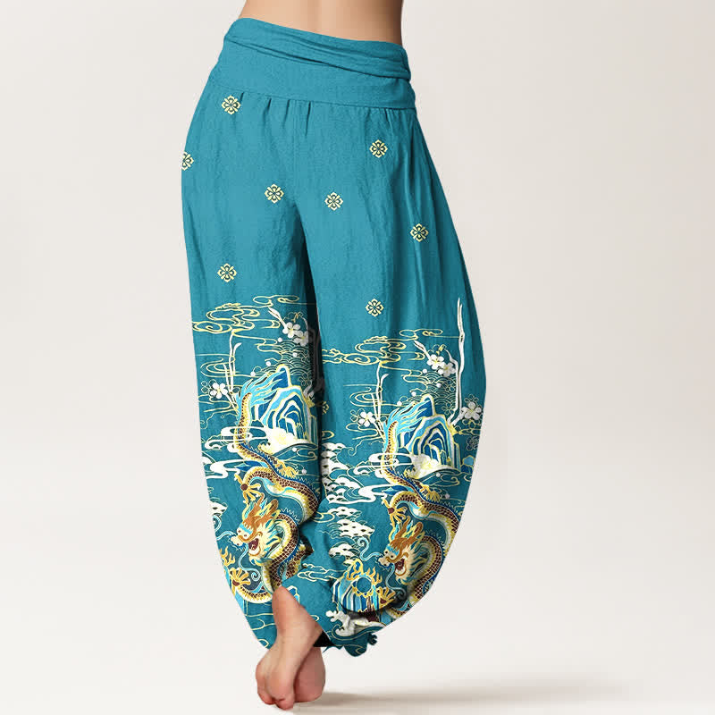 Buddha Stones Pantalon harem pour femme en pur coton à motif de vagues et de nuages ​​de dragon, taille élastique - image 1