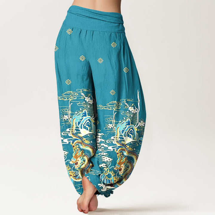 Buddha Stones Pantalon harem pour femme en pur coton à motif de vagues et de nuages ​​de dragon, taille élastique - image 1