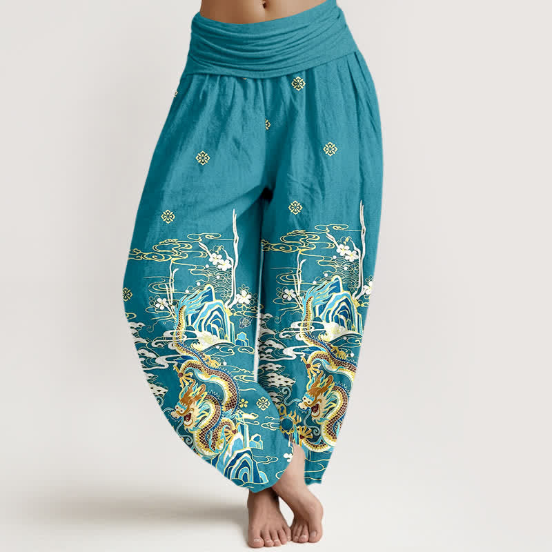 Buddha Stones Pantalon harem pour femme en pur coton à motif de vagues et de nuages ​​de dragon, taille élastique - Turquoise - US16，UK/AU20，EU48 (3XL) - image 0