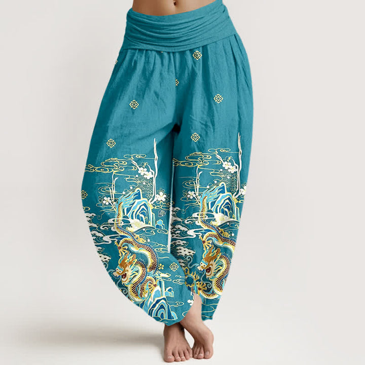 Buddha Stones Pantalon harem pour femme en pur coton à motif de vagues et de nuages ​​de dragon, taille élastique - Turquoise - US16，UK/AU20，EU48 (3XL) - image 0