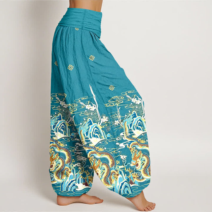 Buddha Stones Pantalon harem pour femme en pur coton à motif de vagues et de nuages ​​de dragon, taille élastique - image 2