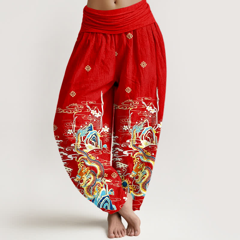 Buddha Stones Pantalon harem pour femme en pur coton à motif de vagues et de nuages ​​de dragon, taille élastique - Rouge - US16，UK/AU20，EU48 (3XL) - image 5