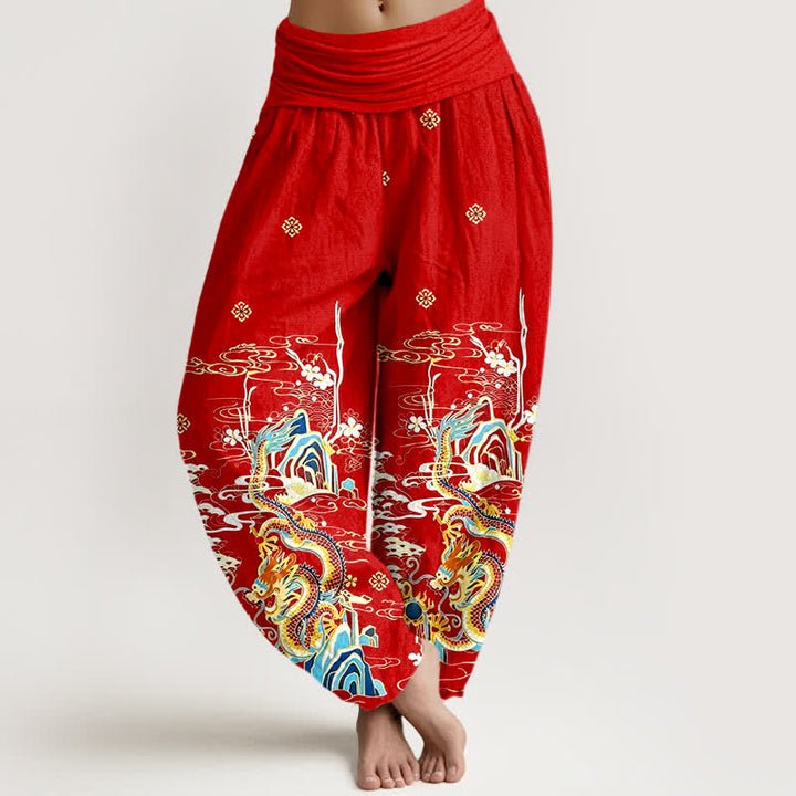 Buddha Stones Pantalon harem pour femme en pur coton à motif de vagues et de nuages ​​de dragon, taille élastique - Rouge - US16，UK/AU20，EU48 (3XL) - image 5