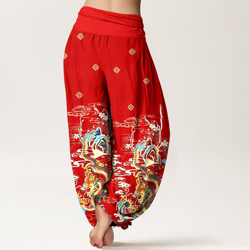 Buddha Stones Pantalon harem pour femme en pur coton à motif de vagues et de nuages ​​de dragon, taille élastique - image 6