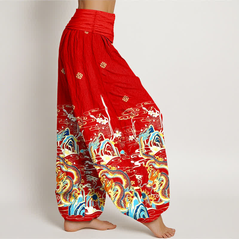 Buddha Stones Pantalon harem pour femme en pur coton à motif de vagues et de nuages ​​de dragon, taille élastique - image 7