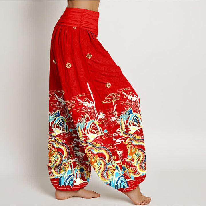 Buddha Stones Pantalon harem pour femme en pur coton à motif de vagues et de nuages ​​de dragon, taille élastique - image 7
