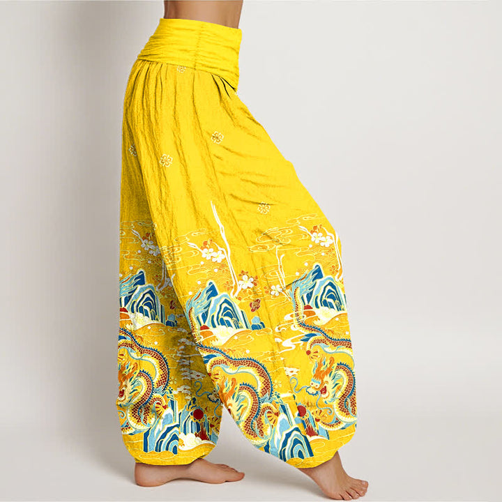 Buddha Stones Pantalon harem pour femme en pur coton à motif de vagues et de nuages ​​de dragon, taille élastique - image 10