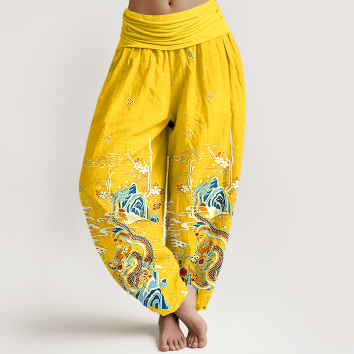 Buddha Stones Pantalon harem pour femme en pur coton à motif de vagues et de nuages ​​de dragon, taille élastique - Or - US16，UK/AU20，EU48 (3XL) - image 8