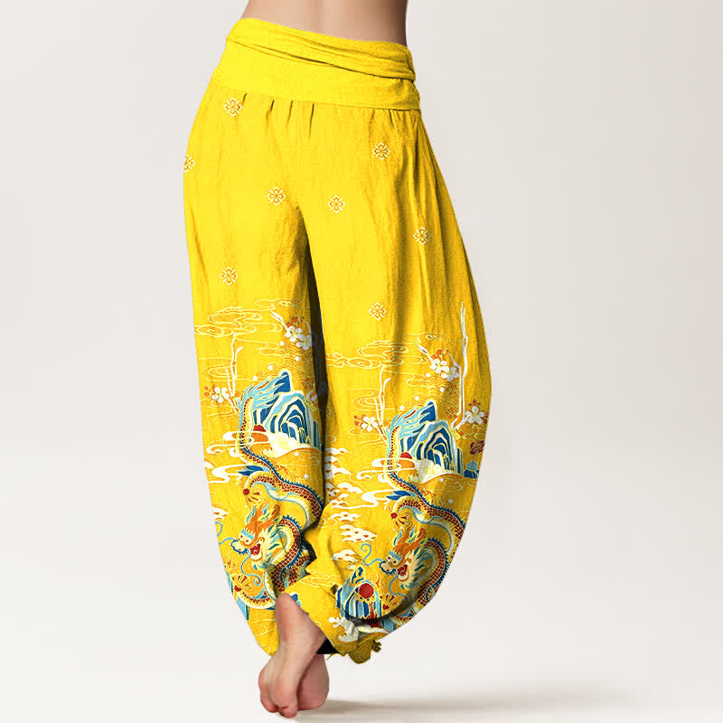 Buddha Stones Pantalon harem pour femme en pur coton à motif de vagues et de nuages ​​de dragon, taille élastique - image 9