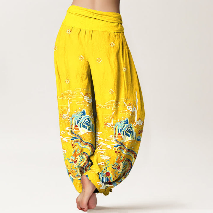 Buddha Stones Pantalon harem pour femme en pur coton à motif de vagues et de nuages ​​de dragon, taille élastique - image 9
