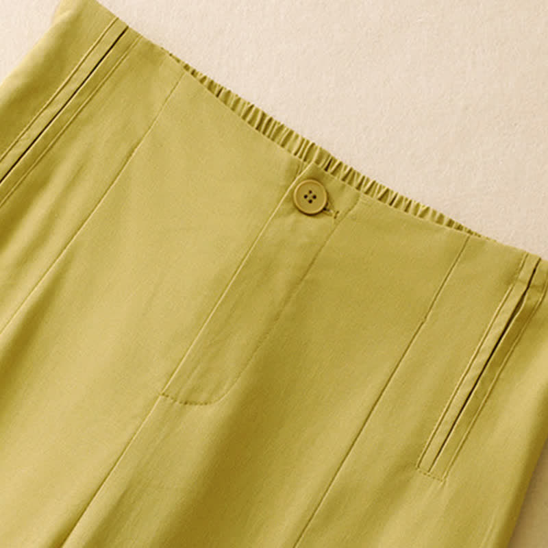 Buddha Stones Pantalon harem minimaliste d'été en lin uni, taille haute, boutonné, avec poches - image 1