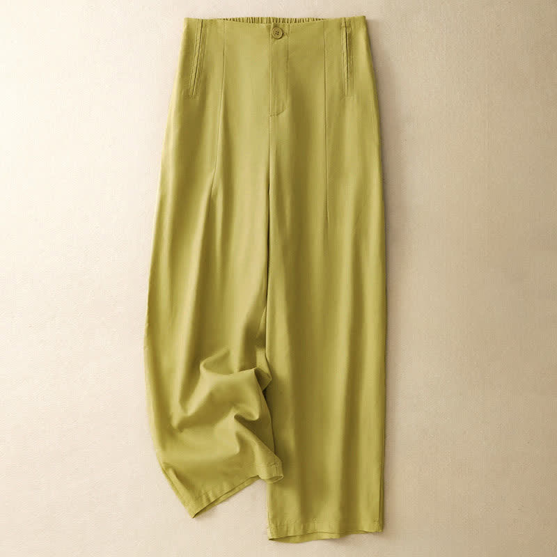 Buddha Stones Pantalon harem minimaliste d'été en lin uni, taille haute, boutonné, avec poches - kaki - US12，UK/AU16，EU44 (3XL) - image 0