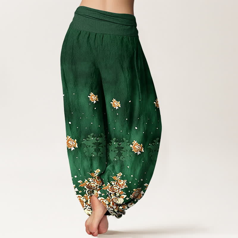 Buddha Stones Pantalon harem femme en pur coton à motif floral rose vintage et taille élastique - image 1