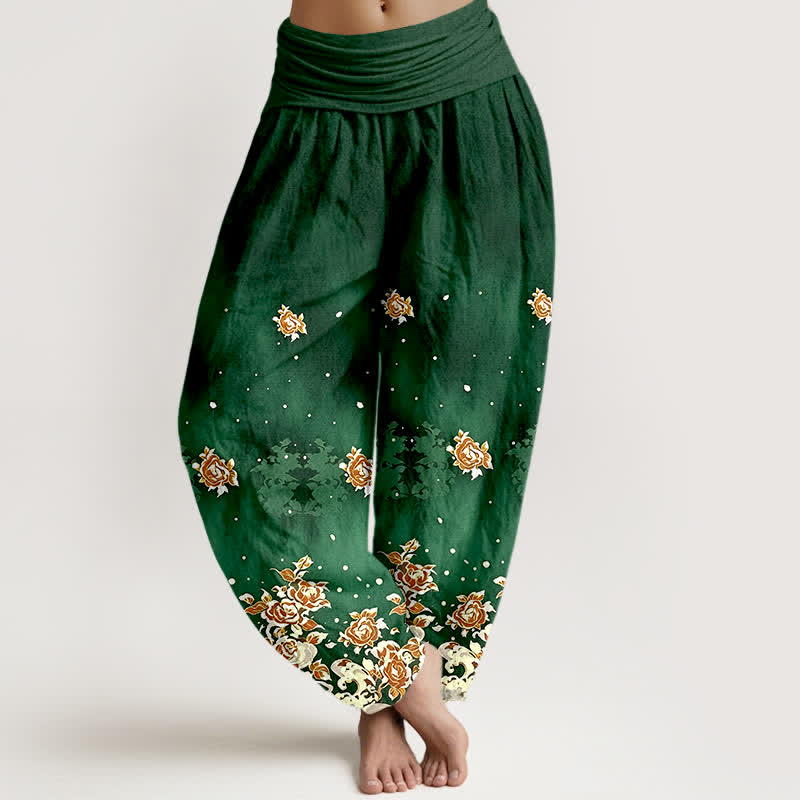 Buddha Stones Pantalon harem femme en pur coton à motif floral rose vintage et taille élastique - Vert forêt - US16，UK/AU20，EU48 (3XL) - image 0