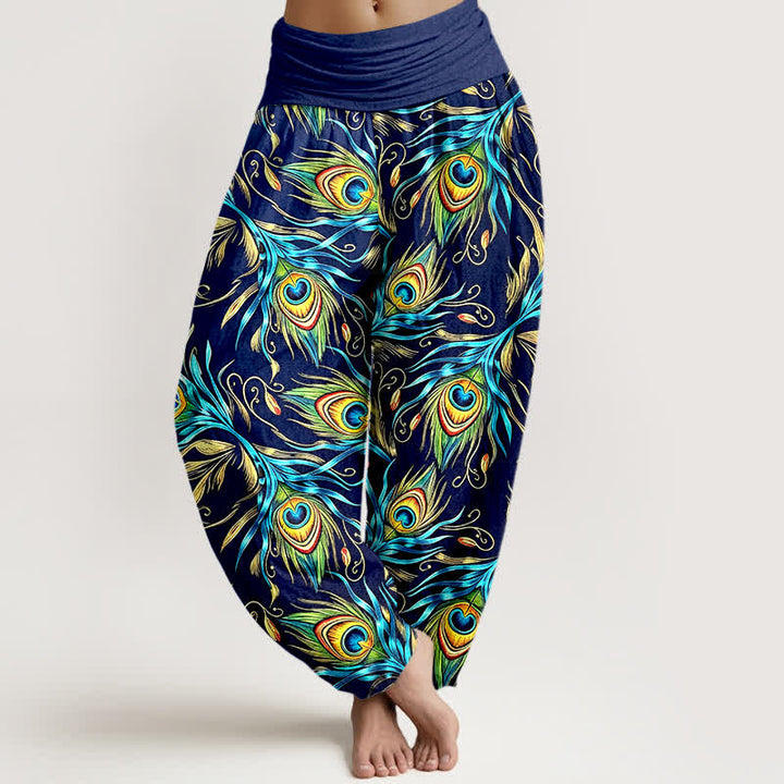 Buddha Stones Pantalon harem pour femme en pur coton à motif plumes de paon et taille élastique - Marine - US16，UK/AU20，EU48 (3XL) - image 0