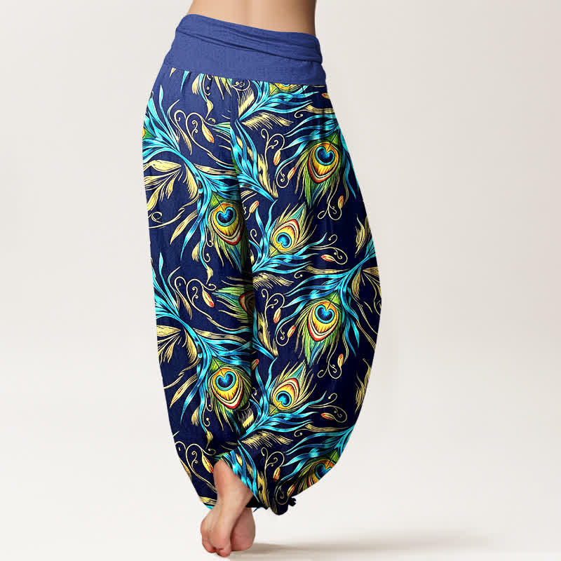 Buddha Stones Pantalon harem pour femme en pur coton à motif plumes de paon et taille élastique - image 1