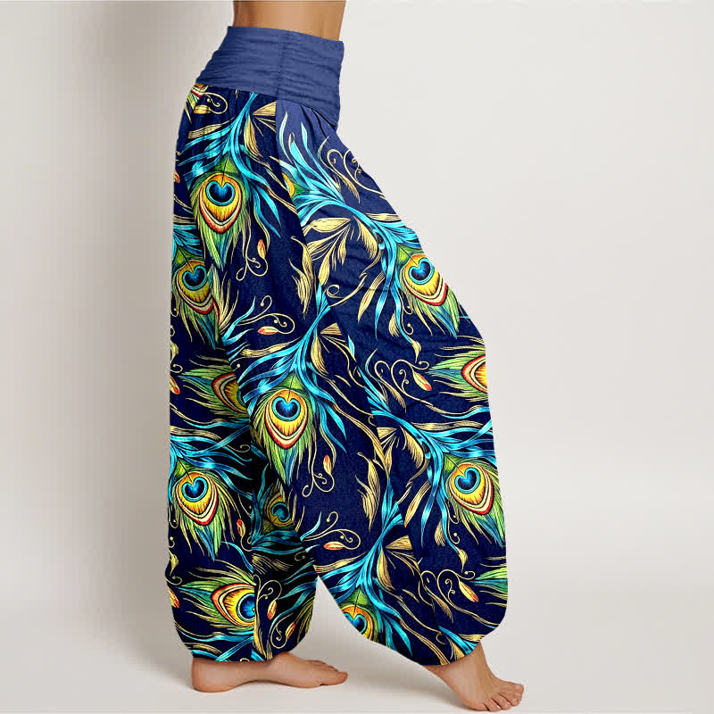Buddha Stones Pantalon harem pour femme en pur coton à motif plumes de paon et taille élastique - image 2