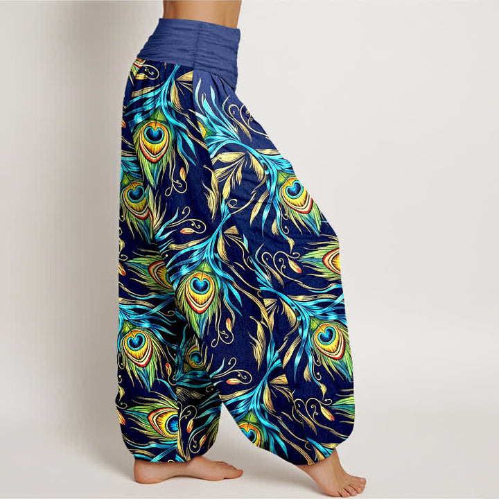 Buddha Stones Pantalon harem pour femme en pur coton à motif plumes de paon et taille élastique - image 2
