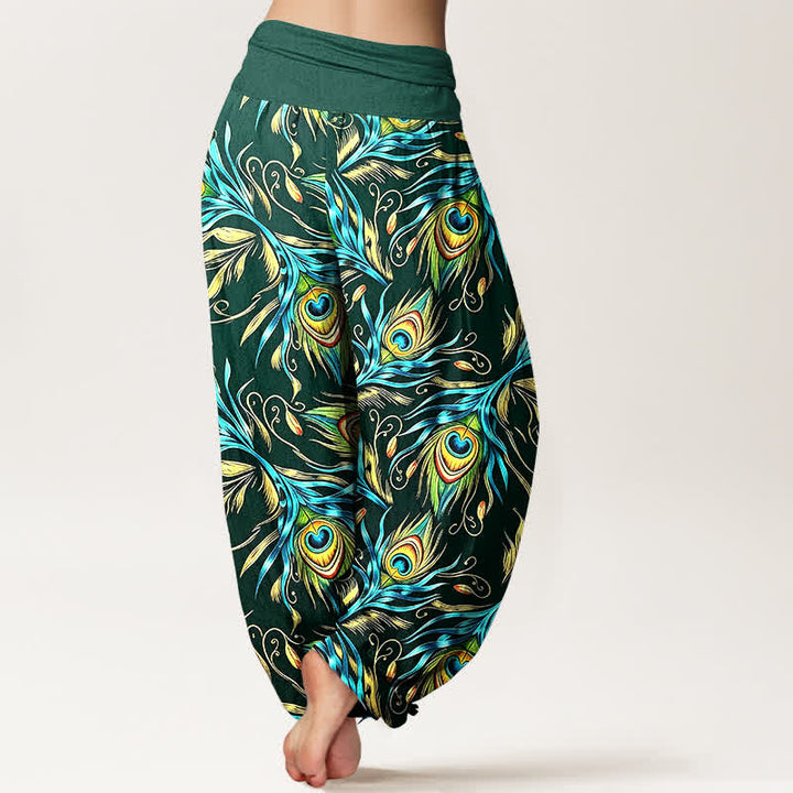 Buddha Stones Pantalon harem pour femme en pur coton à motif plumes de paon et taille élastique - image 6