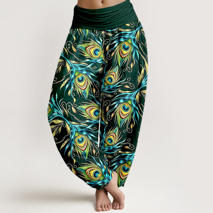 Buddha Stones Pantalon harem pour femme en pur coton à motif plumes de paon et taille élastique - Vert forêt - US16，UK/AU20，EU48 (3XL) - image 5