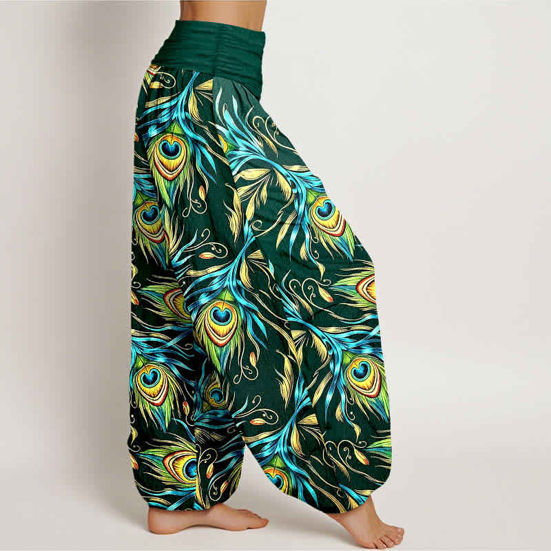 Buddha Stones Pantalon harem pour femme en pur coton à motif plumes de paon et taille élastique - image 7