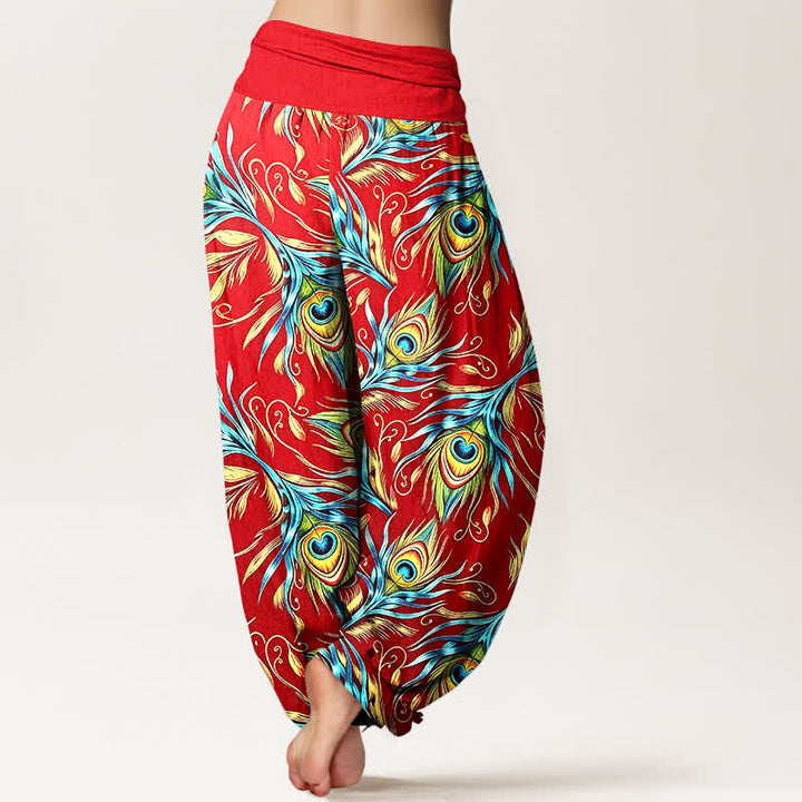 Buddha Stones Pantalon harem pour femme en pur coton à motif plumes de paon et taille élastique - image 9