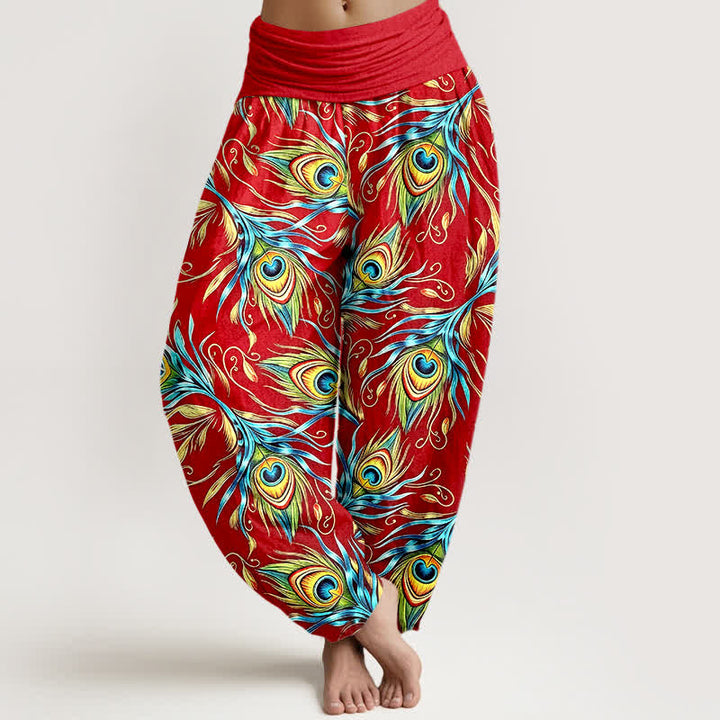 Buddha Stones Pantalon harem pour femme en pur coton à motif plumes de paon et taille élastique - Rouge - US16，UK/AU20，EU48 (3XL) - image 8