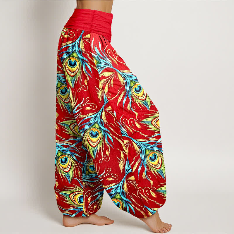 Buddha Stones Pantalon harem pour femme en pur coton à motif plumes de paon et taille élastique - image 10