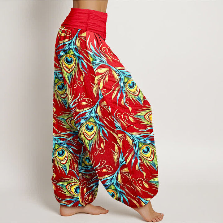 Buddha Stones Pantalon harem pour femme en pur coton à motif plumes de paon et taille élastique - image 10