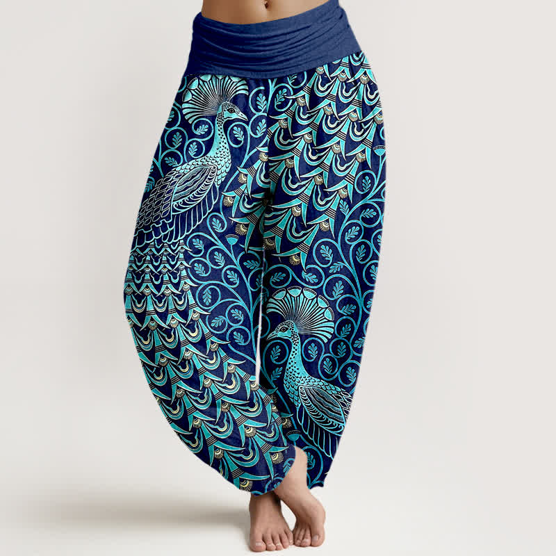 Buddha Stones Pantalon harem pour femme en pur coton à motif de plumes de paon et de vigne, taille élastique - Marine - US16，UK/AU20，EU48 (3XL) - image 0