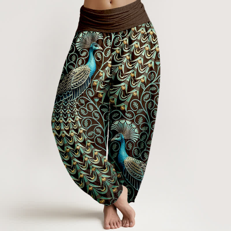 Buddha Stones Pantalon harem pour femme en pur coton à motif de plumes de paon et de vigne, taille élastique - Brun - US16，UK/AU20，EU48 (3XL) - image 5