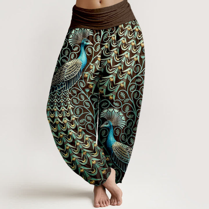 Buddha Stones Pantalon harem pour femme en pur coton à motif de plumes de paon et de vigne, taille élastique - Brun - US16，UK/AU20，EU48 (3XL) - image 5