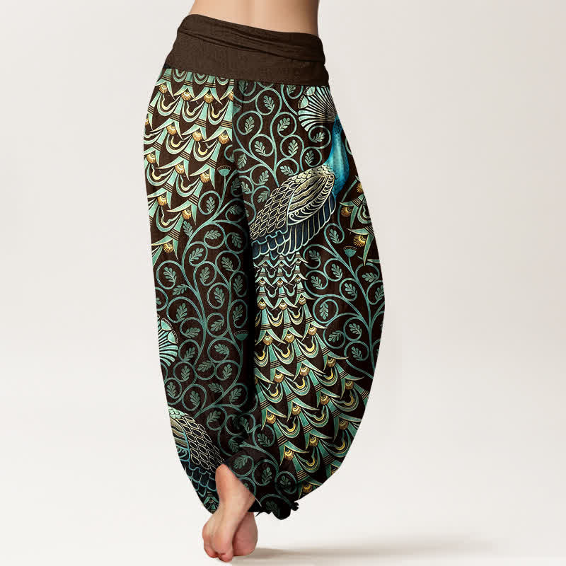 Buddha Stones Pantalon harem pour femme en pur coton à motif de plumes de paon et de vigne, taille élastique - image 6