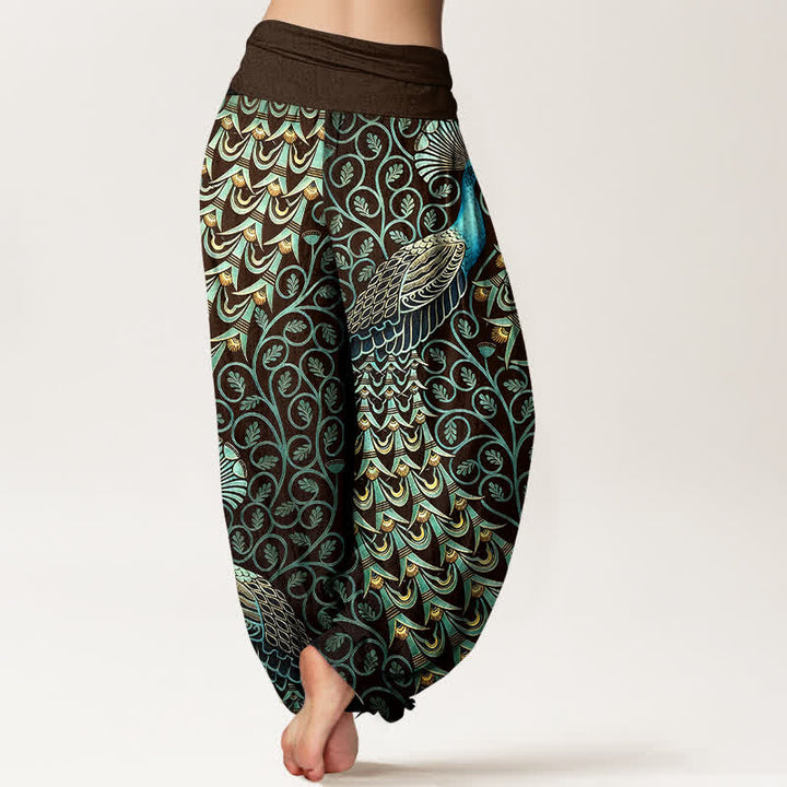 Buddha Stones Pantalon harem pour femme en pur coton à motif de plumes de paon et de vigne, taille élastique - image 6