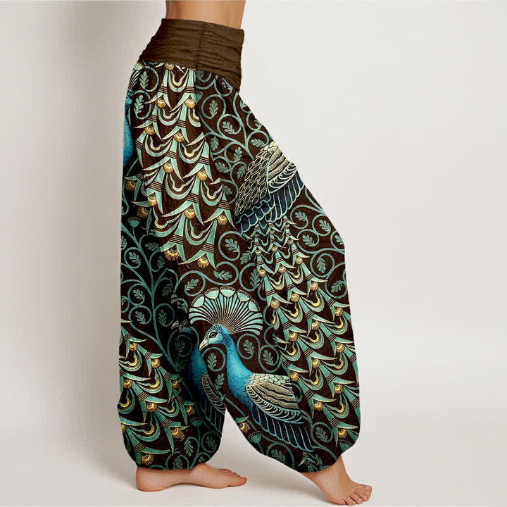 Buddha Stones Pantalon harem pour femme en pur coton à motif de plumes de paon et de vigne, taille élastique - image 7