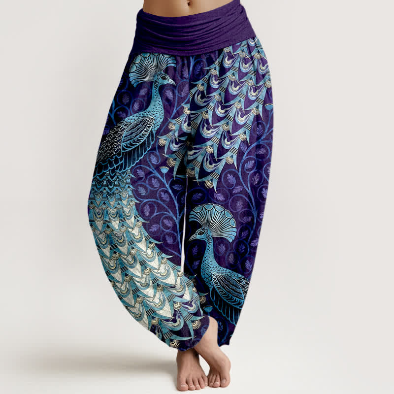 Buddha Stones Pantalon harem pour femme en pur coton à motif de plumes de paon et de vigne, taille élastique - Indigo - US16，UK/AU20，EU48 (3XL) - image 8