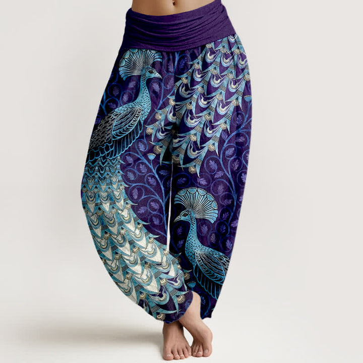 Buddha Stones Pantalon harem pour femme en pur coton à motif de plumes de paon et de vigne, taille élastique - Indigo - US16，UK/AU20，EU48 (3XL) - image 8